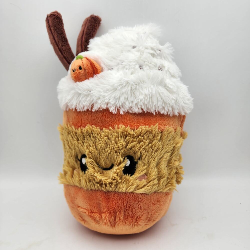 Squishable Pumpkin Spice Latte Plush Toy 12" Orange Fur Sewn Eyes Coffee Cup